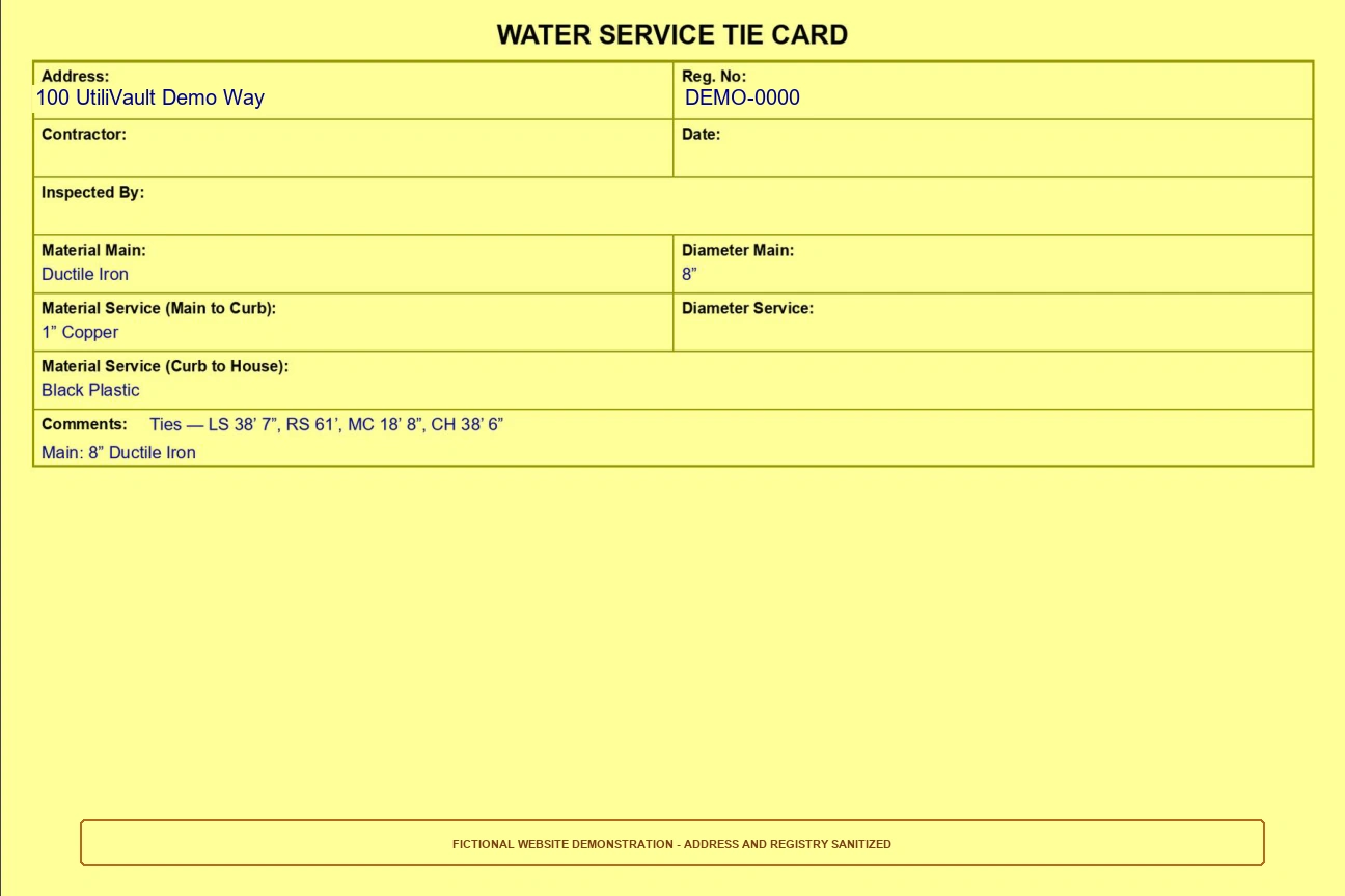 Front of fictional water service tie card for 100 UtiliVault Demo Way, registry DEMO-0000. Full text below.