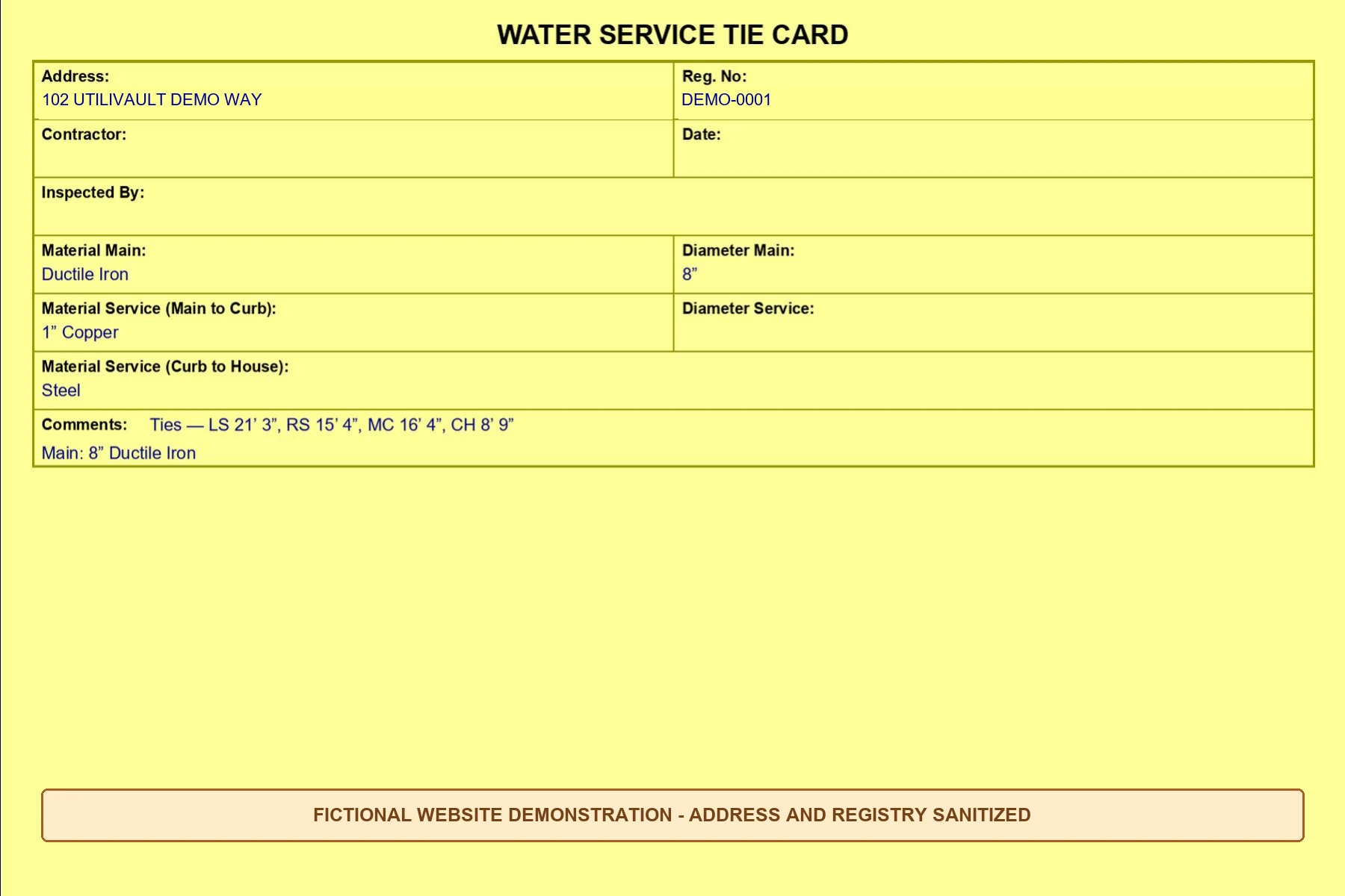 Front of fictional water service tie card for 102 UTILIVAULT DEMO WAY, registry DEMO-0001. Full text below.